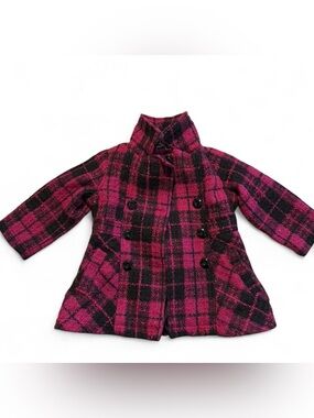 London Fog Girls Magenta and Black Plaid Pea Coat